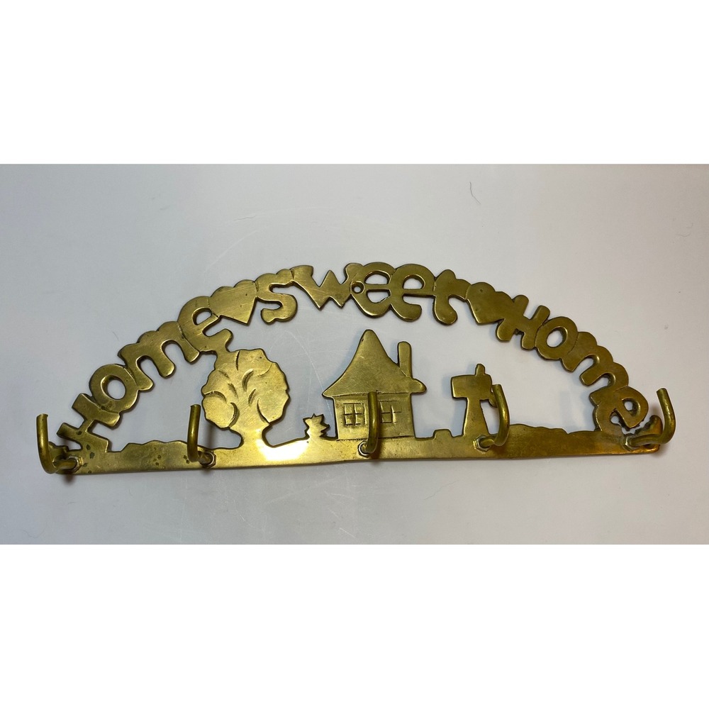 Vintage Solid Brass Home Sweet Home Wall Key Rack 5 Hook Entryway Decor 13 In